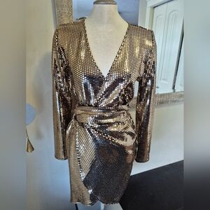 Gold Sequin Wrap-Front Party Dress